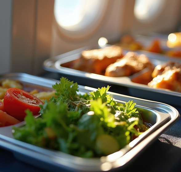 fresh green salad with tomatoes served in an airplane meal tray sunlight highlighting the food 8 delicious options
